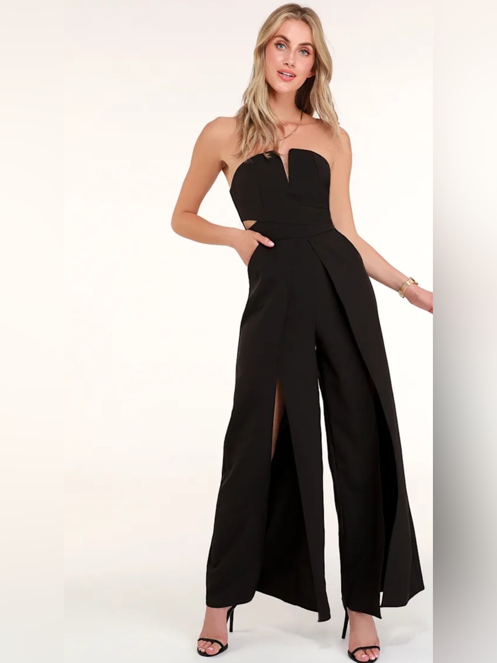 Dream It Black Strapless Front Slit Jumpsuit Size Large